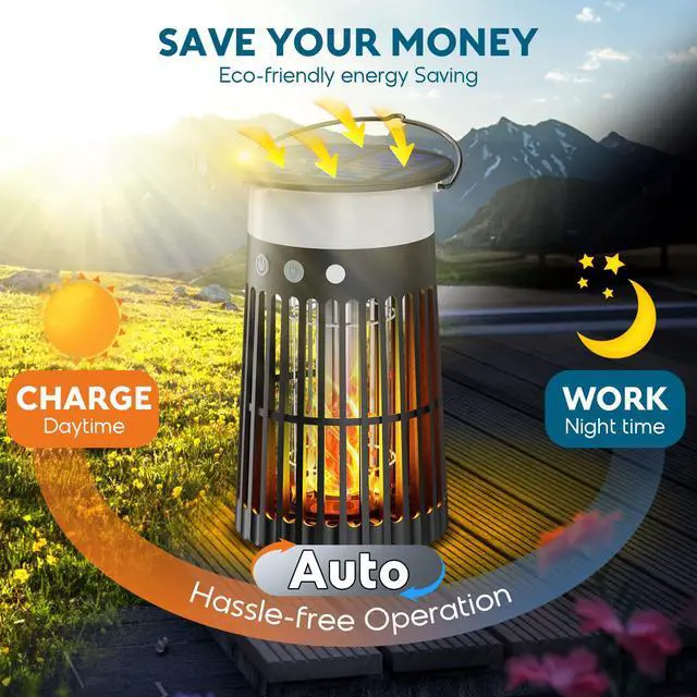 Alt view image 3 of 7 - Solar Bug Zapper w/ Flame Light & RGB Light, 4200V Mosquito Zapper Lantern | IPX5 Waterproof, Auto/Off, Solar Powered & USB C Charging, Hang up