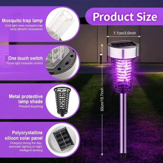 Alt view image 2 of 7 - 4 Pack Outdoor Solar Bug Zapper,Purple and Warm Light,Silver | Mosquito Repellent, Solar Powered, Waterproof, LED Light Lamp, Fly Insect Killer, for Outdoor Patio Yard Garden Lawn
