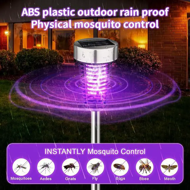 Alt view image 3 of 7 - 4 Pack Outdoor Solar Bug Zapper,Purple and Warm Light,Silver | Mosquito Repellent, Solar Powered, Waterproof, LED Light Lamp, Fly Insect Killer, for Outdoor Patio Yard Garden Lawn
