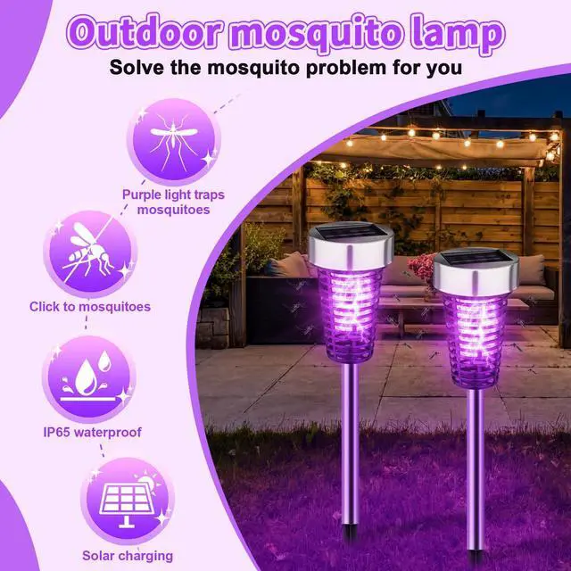 Alt view image 5 of 7 - 4 Pack Outdoor Solar Bug Zapper,Purple and Warm Light,Silver | Mosquito Repellent, Solar Powered, Waterproof, LED Light Lamp, Fly Insect Killer, for Outdoor Patio Yard Garden Lawn