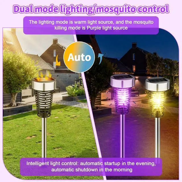 Alt view image 4 of 7 - 4 Pack Outdoor Solar Bug Zapper,Purple and Warm Light,Silver | Mosquito Repellent, Solar Powered, Waterproof, LED Light Lamp, Fly Insect Killer, for Outdoor Patio Yard Garden Lawn