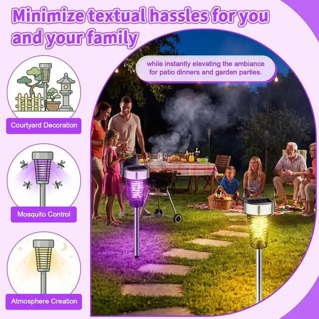 Alt view image 6 of 7 - 4 Pack Outdoor Solar Bug Zapper,Purple and Warm Light,Silver | Mosquito Repellent, Solar Powered, Waterproof, LED Light Lamp, Fly Insect Killer, for Outdoor Patio Yard Garden Lawn