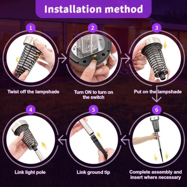 Alt view image 7 of 7 - 4 Pack Outdoor Solar Bug Zapper,Purple and Warm Light,Silver | Mosquito Repellent, Solar Powered, Waterproof, LED Light Lamp, Fly Insect Killer, for Outdoor Patio Yard Garden Lawn