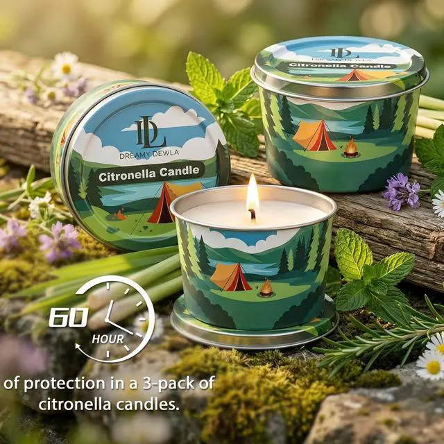 Alt view image 7 of 7 - Citronella Candles Outdoor, Soy Wax 2.2 oz 3 Pack | Citronella fragrance with lemongrass and peppermint oils, Portable mini tins, Patio, camping, backyard and hiking use