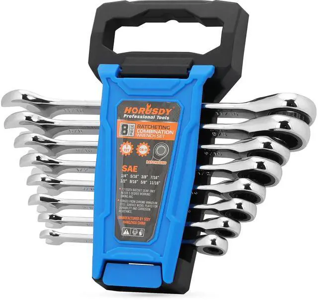 Main image of Combination Ratchet Wrenches Set with SAE | 8 Pieces Wrench Set with Wrench Organizer | 72-Tooth | 5° Swing Arc | 1/4" - 11/16" | Chrome Vanadium Steel