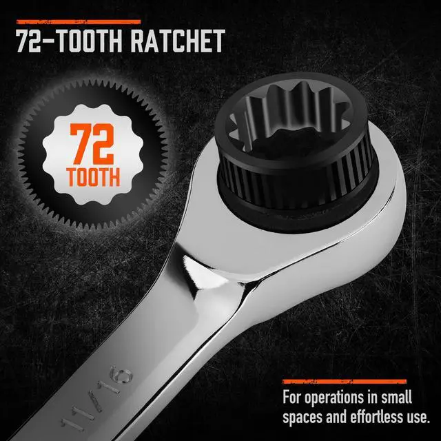 Alt view image 3 of 7 - Combination Ratchet Wrenches Set with SAE | 8 Pieces Wrench Set with Wrench Organizer | 72-Tooth | 5° Swing Arc | 1/4" - 11/16" | Chrome Vanadium Steel