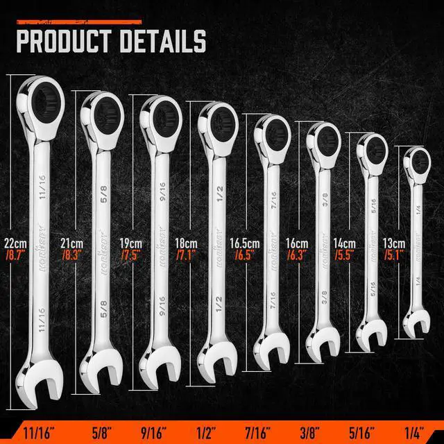 Alt view image 6 of 7 - Combination Ratchet Wrenches Set with SAE | 8 Pieces Wrench Set with Wrench Organizer | 72-Tooth | 5° Swing Arc | 1/4" - 11/16" | Chrome Vanadium Steel