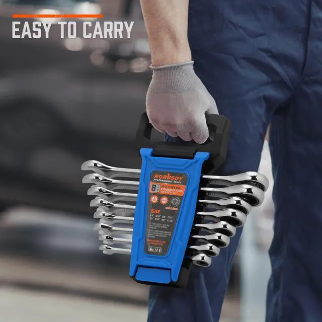 Alt view image 7 of 7 - Combination Ratchet Wrenches Set with SAE | 8 Pieces Wrench Set with Wrench Organizer | 72-Tooth | 5° Swing Arc | 1/4" - 11/16" | Chrome Vanadium Steel