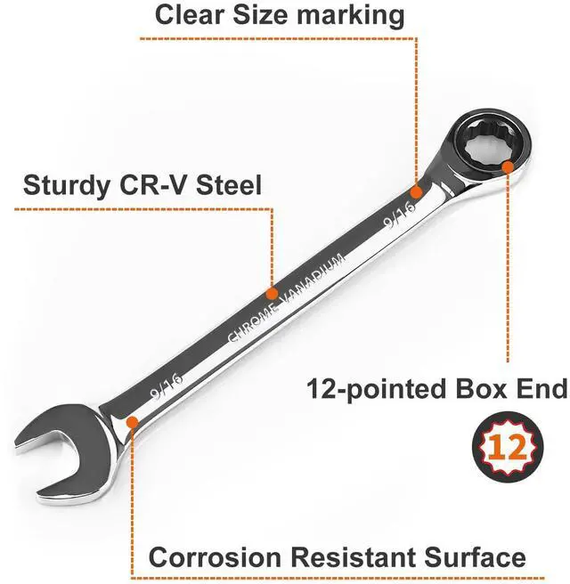 Alt view image 2 of 6 - 9/16 inch Ratcheting Combination Wrench SAE, Industrial Grade Gear Spanner with 12-Point Design, 72-Tooth Ratchet, Chrome Vanadium Steel