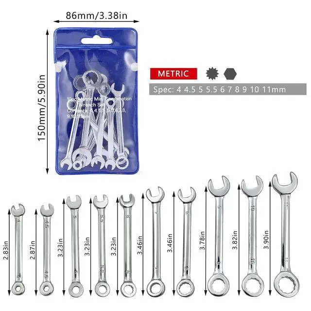 Alt view image 4 of 6 - Mini Wrench Set Open End Wrench Combination Wrench Sets With Chain Ring Metric Type Wrenches (10pcs) | Open End Wrench, Combination Wrench, With Chain Ring, Metric Type