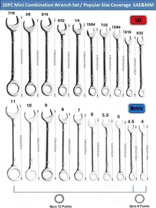 Alt view image 4 of 7 - 20-Piece Small Wrench Set, SAE & Metric, 5/32"-7/16" & 4mm-11mm | Ignition Wrench Set, Mini Wrenches, Micro & Thin, with Unique Wrench Organizer, Red & Blue