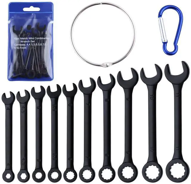 Main image of 10PCS Mini Wrench Set Standard Metric 4mm-11mm | Black Electrophoretic Coating, Portable Pouch and Key Rings, Ignition Wrenches Open End and Box End Combination Wrench Set