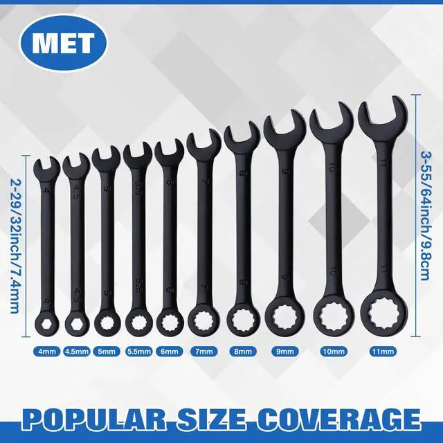 Alt view image 3 of 7 - 10PCS Mini Wrench Set Standard Metric 4mm-11mm | Black Electrophoretic Coating, Portable Pouch and Key Rings, Ignition Wrenches Open End and Box End Combination Wrench Set