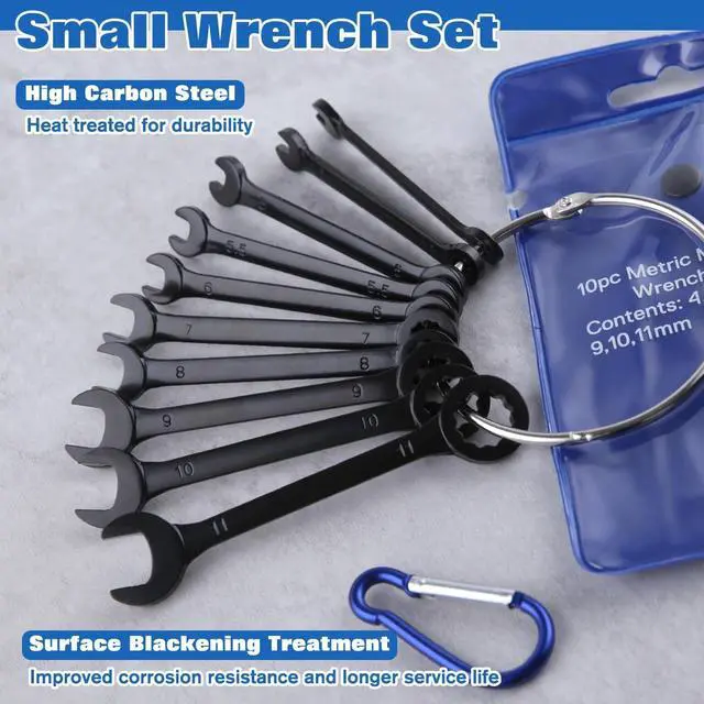 Alt view image 6 of 7 - 10PCS Mini Wrench Set Standard Metric 4mm-11mm | Black Electrophoretic Coating, Portable Pouch and Key Rings, Ignition Wrenches Open End and Box End Combination Wrench Set