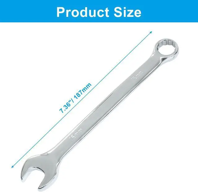 Alt view image 2 of 5 - 15mm Metric Combination Wrench Spanner with Box End and Open End | 12-Point Box End, Open End, Mirror-Chrome Plated, High Carbon Steel