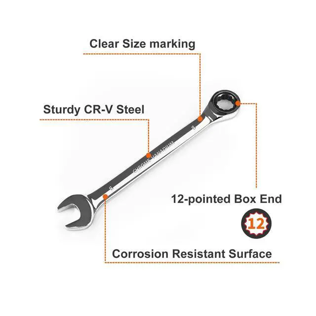 Alt view image 2 of 6 - 8mm Ratcheting Combination Wrench Metric, Industrial Grade Gear Spanner with 12-Point Design, 72-Tooth Ratchet, Chrome Vanadium Steel