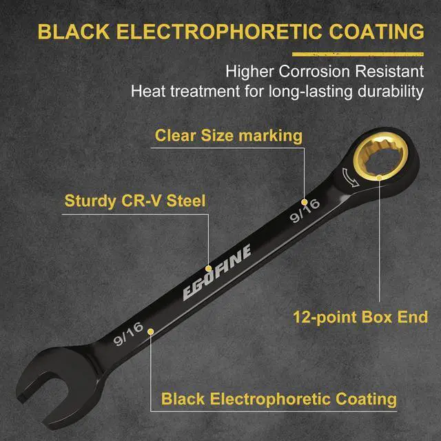 Alt view image 2 of 5 - 9/16 Ratchet Wrench, 9/16 Wrench Ratcheting Combination Wrenches SAE, Industrial Grade Gear Spanner with 12 Point Box End, 72-Teeth Ratchet Black Electrophoretic Coating,CR-V
