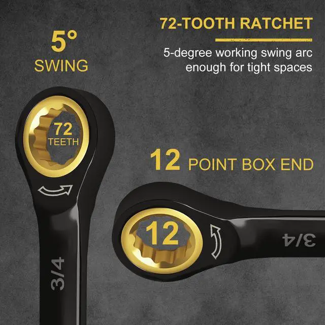Alt view image 3 of 5 - 9/16 Ratchet Wrench, 9/16 Wrench Ratcheting Combination Wrenches SAE, Industrial Grade Gear Spanner with 12 Point Box End, 72-Teeth Ratchet Black Electrophoretic Coating,CR-V