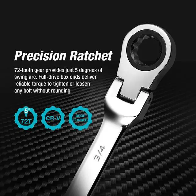 Alt view image 4 of 7 - 3/4" Flex-Head Ratcheting Combination Wrench | SAE, 72-Tooth, CR-V Steel