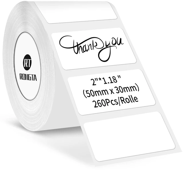 Main image of Rongta Label Tape for R22, Standard Laminated Thermal Label Tape Replacement, Waterproof, Oil-Proof Sticker for Home Office Small Business Labeling (White, 2''×1.18'' (260 Labels/Roll))