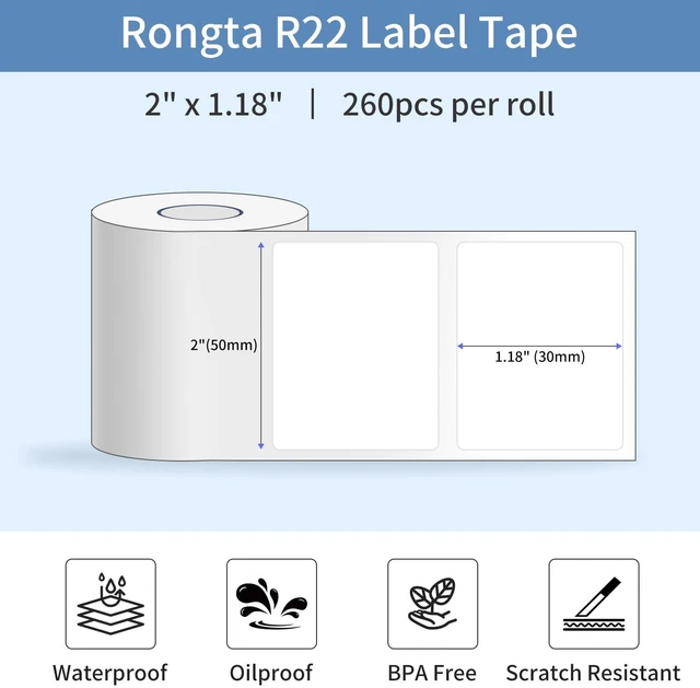 Alt view image 2 of 6 - Rongta Label Tape for R22, Standard Laminated Thermal Label Tape Replacement, Waterproof, Oil-Proof Sticker for Home Office Small Business Labeling (White, 2''×1.18'' (260 Labels/Roll))