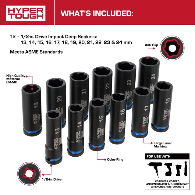 Alt view image 2 of 7 - Hyper Tough 1/2-Inch Drive Impact Deep Socket Set, Metric, 12 Pieces