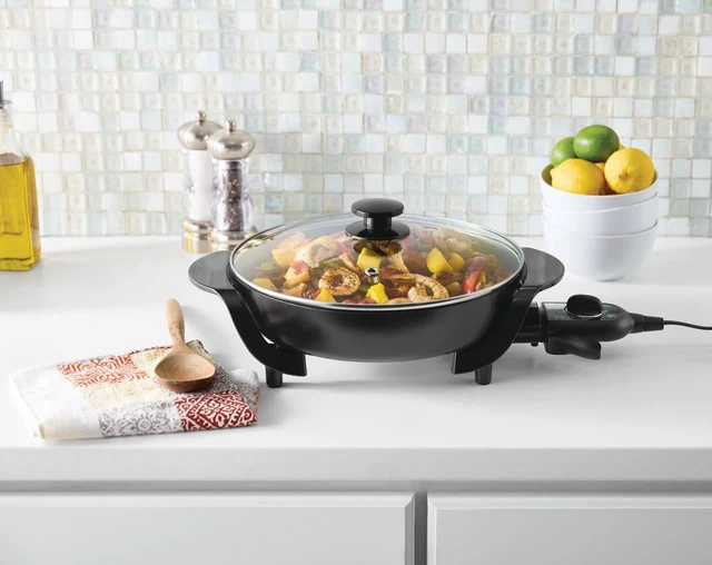 Alt view image 7 of 7 - 12" Round Ceramic Skillet with Glass Lid ,Black,Nonstick, 1200W, Removable Temp Control, Dishwasher Safe