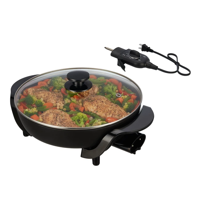 Alt view image 2 of 7 - 12" Round Ceramic Skillet with Glass Lid ,Black,Nonstick, 1200W, Removable Temp Control, Dishwasher Safe