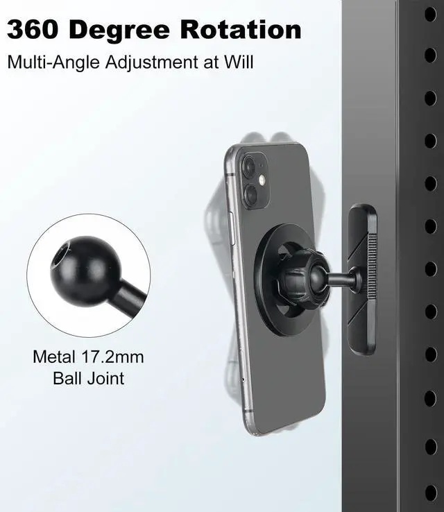 Alt view image 5 of 7 - Magnetic Gym Phone Mount for MagSafe Dual Magnet Stand for iPhone 12-17 / Android, Alloy Base & Ball Joint, Attach to Metal Surfaces for Gym/Golf Cart/Car, Portable Gym Accessories for Men & Women