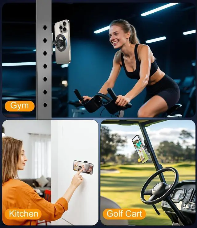 Alt view image 2 of 7 - Magnetic Gym Phone Mount for MagSafe Dual Magnet Stand for iPhone 12-17 / Android, Alloy Base & Ball Joint, Attach to Metal Surfaces for Gym/Golf Cart/Car, Portable Gym Accessories for Men & Women