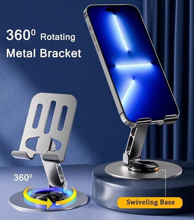 Alt view image 10 of 13 - Desktop Phone Holder, Metal Cell Phone Stand for Desk, Fully Adjustable/Foldable/360 Degree Rotating Phone Cradle Dock for iPhone iPad and More Cellphone/Tablet/Switch-Silver Grey