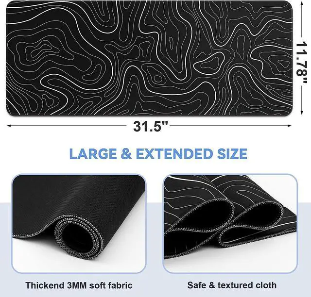 Alt view image 6 of 6 - Gaming Mouse Pad Large Keyboard Pad 31.5 x 11.8in Topographic Mouse Pad Black and White Mouse Pad for Keyboard with Anti-Slip Rubber Base, Extended Desk Pad XL Keyboard Pad Mouse Mat