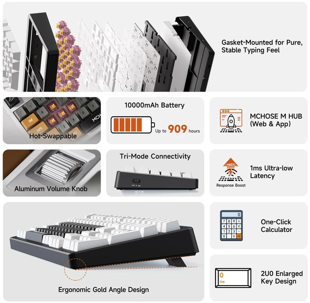Alt view image 3 of 7 - UT98 Wireless Mechanical Keyboard Compact Gaming Keyboard with Knob Tri-Mode Connection Hot Swappable Custom Creamy Keyboard Gasket Structure Pre-lubed Linear Switches RGB Retro