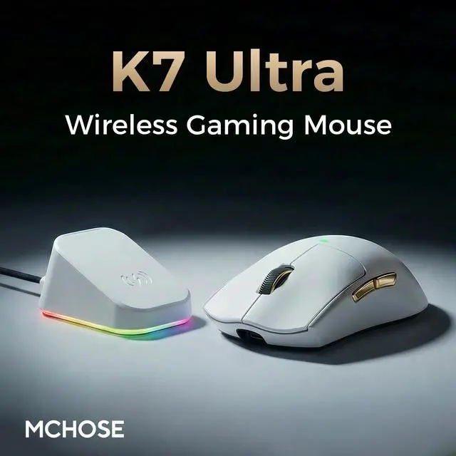Alt view image 2 of 7 - MCHOSE K7 Ultra Gaming Mouse, 59g Lightweight, 500mAh Battery, PAW3950 42K Sensor, 2.4G/BT/Wired, 8K Polling Rate (White)