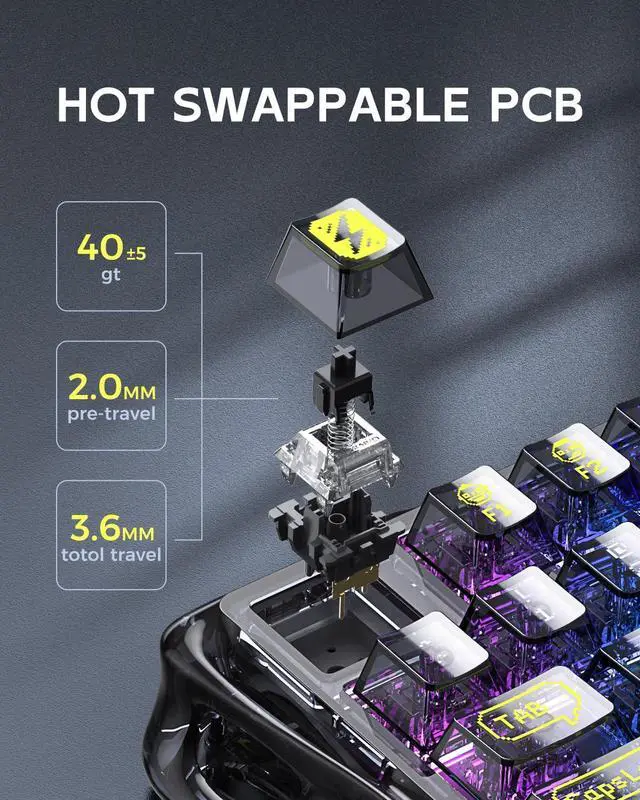Alt view image 12 of 14 - GravaStar Mercury K1 Lite 75% Mechanical Keyboard Transparent Black and Mercury M1 Pro Wireless Gaming Mouse Gradient Black