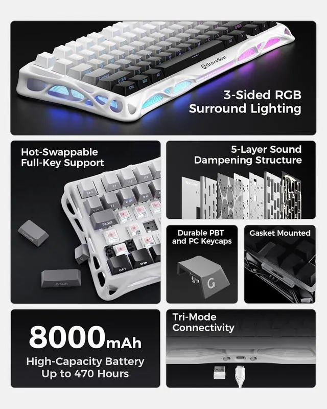 Alt view image 14 of 14 - GravaStar Mercury K1 75% Wireless Mechanical Gaming Keyboard, Aluminum Alloy Exoskeleton Design, Gasket Custom Keyboard Hot-Swap Socket, Linear Switches, RGB Backlit