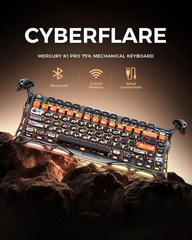 Alt view image 10 of 14 - GravaStar Mercury K1 Pro Wireless Mechanical Gaming Keyboard, 75% Layout RGB Custom Keyboard, Aluminum Alloy Matte Black Frame with Phoenix-Inspired Keycaps, Hot-Swappable Linear Switches CyberFlare