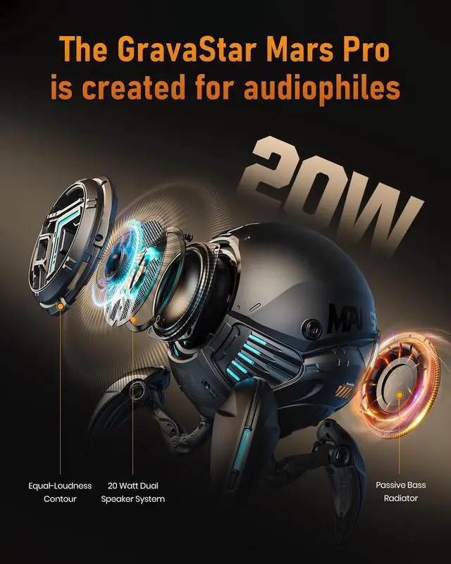 Alt view image 12 of 14 - GravaStar Loudspeakers Mars Pro Portable Bluetooth Speaker New Version, Deep Bass Loud Stereo Sound, 15H Playtime, 6 RGB Lights, Dual Pairing, Portable for Home, Outdoors, Party, Camping, Home, Gifts