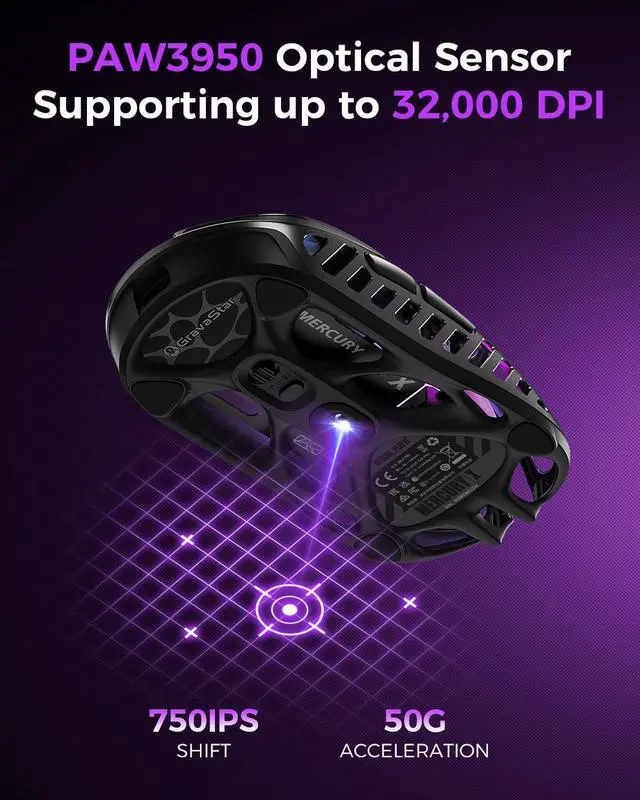 Alt view image 10 of 14 - GravaStar Mercury X Wireless Gaming Mouse 32,000 DPI PAW 3950 Sensor, 1000Hz Polling Rate, Only 49g, Magnesium Alloy Hollow Frame, RGB Lighting, 5 Programmable Buttons