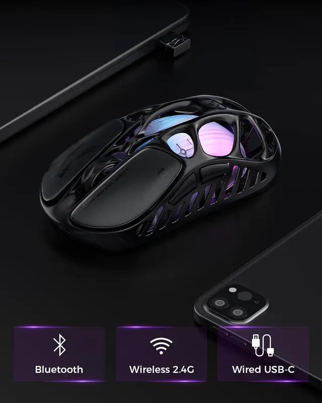Alt view image 11 of 14 - GravaStar Mercury X Wireless Gaming Mouse 32,000 DPI PAW 3950 Sensor, 1000Hz Polling Rate, Only 49g, Magnesium Alloy Hollow Frame, RGB Lighting, 5 Programmable Buttons