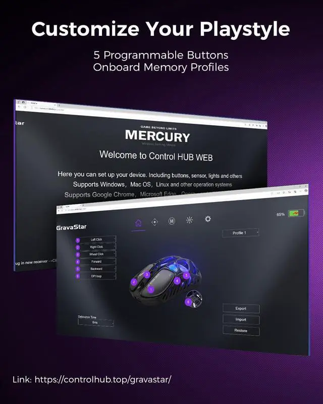 Alt view image 14 of 14 - GravaStar Mercury X Wireless Gaming Mouse 32,000 DPI PAW 3950 Sensor, 1000Hz Polling Rate, Only 49g, Magnesium Alloy Hollow Frame, RGB Lighting, 5 Programmable Buttons