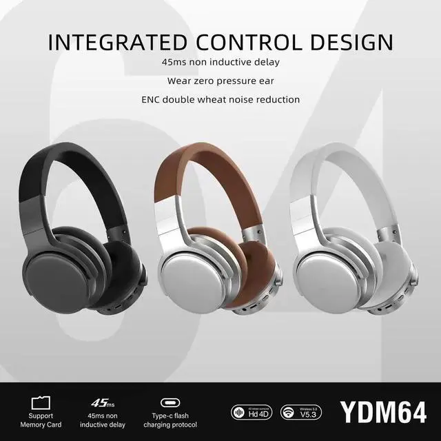 Alt view image 10 of 10 - YDM64 Retro Over-Ear Bluetooth Wireless Headset Heavy Bass, Long Battery Life, Gaming Low Latency, Stereo Sound Silver