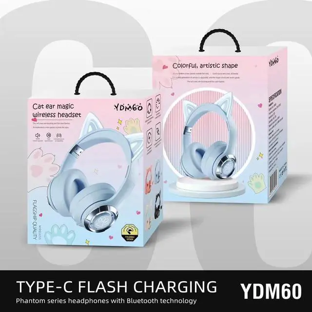 Alt view image 8 of 10 - YDM60 Cat Ear Over-Ear Bluetooth Wireless Headset Light-Up, Heavy Bass, Foldable, Gaming Low Latency, Universal