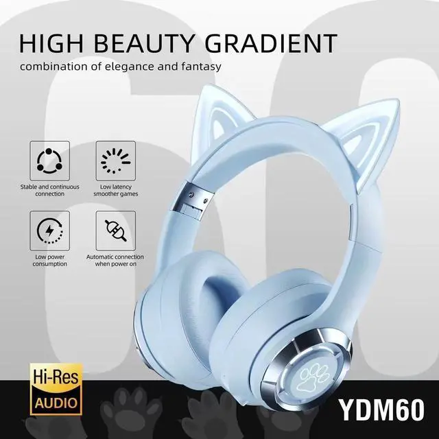 Alt view image 7 of 10 - YDM60 Cat Ear Over-Ear Bluetooth Wireless Headset Light-Up, Heavy Bass, Foldable, Gaming Low Latency, Universal