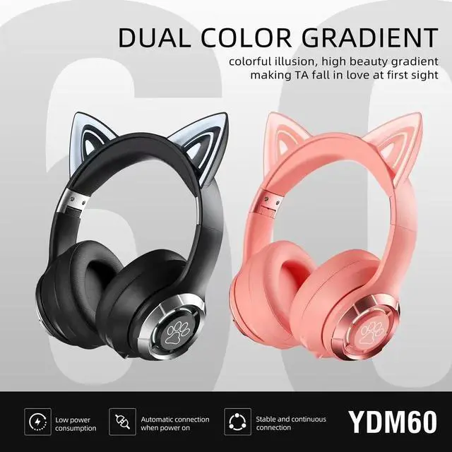 Alt view image 9 of 10 - YDM60 Cat Ear Over-Ear Bluetooth Wireless Headset Light-Up, Heavy Bass, Foldable, Gaming Low Latency, Universal