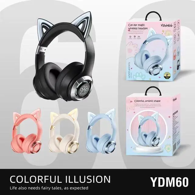Alt view image 10 of 10 - YDM60 Cat Ear Over-Ear Bluetooth Wireless Headset Light-Up, Heavy Bass, Foldable, Gaming Low Latency, Universal