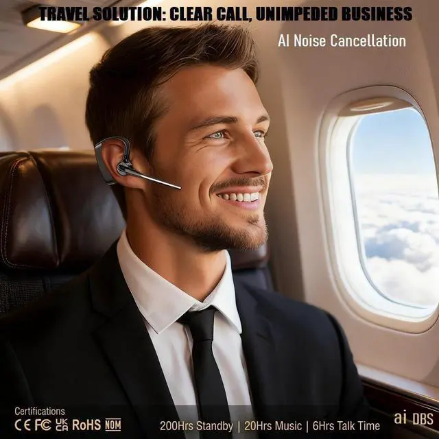 Alt view image 7 of 10 - AI Noise Cancelling Bluetooth Headset Certified, Over-Ear, Business/Driving, DNN AI Architecture, BT5.4, 125km/h Stable, 20H Music