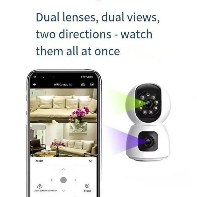 Alt view image 7 of 8 - Dual-Lens Indoor/Outdoor HD WiFi Security Camera 1080P, Smart Night Vision, 180° Image Rotation, Ceiling/Desktop Mount