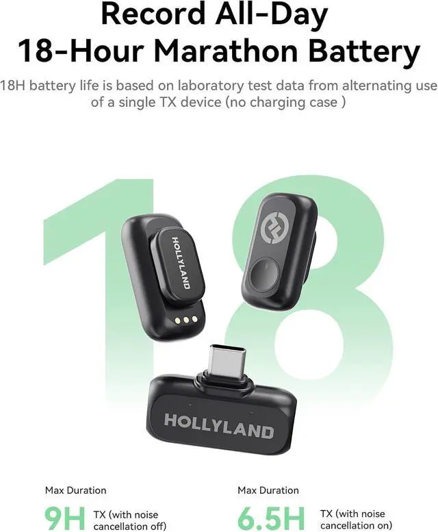 Alt view image 11 of 14 - Hollyland Lark A1 Wireless Microphone for iPhone 15/16/17 & Android, 48kHz/24-bit, 3-Level Intelligent Noise Cancel, Magnetic Mini Mic for YouTube, Podcast, Vlogging (Black, 2TX + USB-C RX)