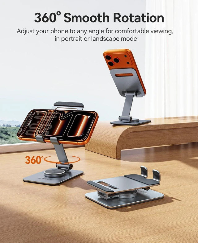 Alt view image 9 of 14 - ORICO Aluminum Phone Stand for Desk, Adjustable Metal Phone Holder with Stable Support and Smooth 360° Rotation for Smartphones up to 6.9 Inches Gray (PS2)